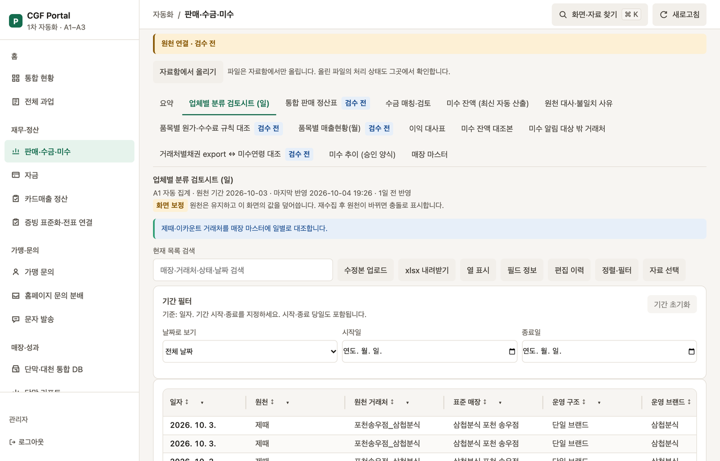 업체별 분류 검토시트 (일) 탭